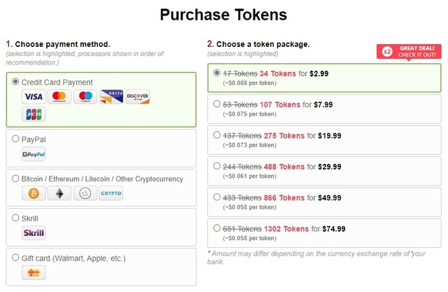 Prices of tokens on BongaCams