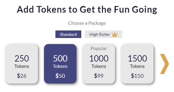 The token packages offered by Cams.com