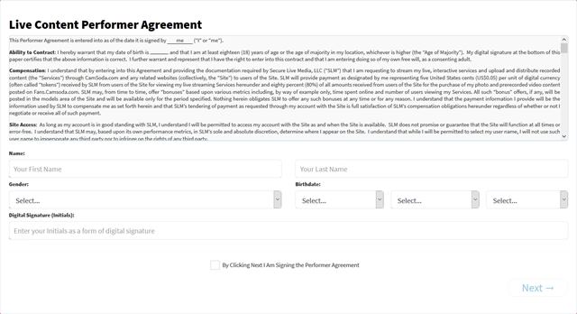 CamSoda live content performer agreement