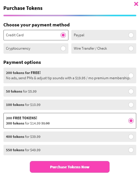 CamSoda's payment options and prices