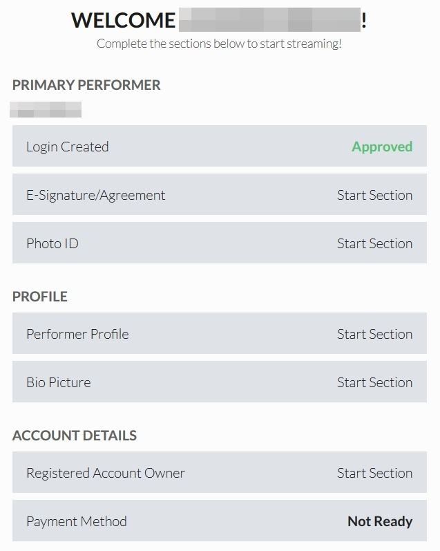 Streamate signup dashboard