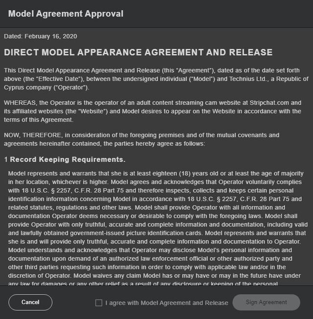 Sign Stripchat's model agreement